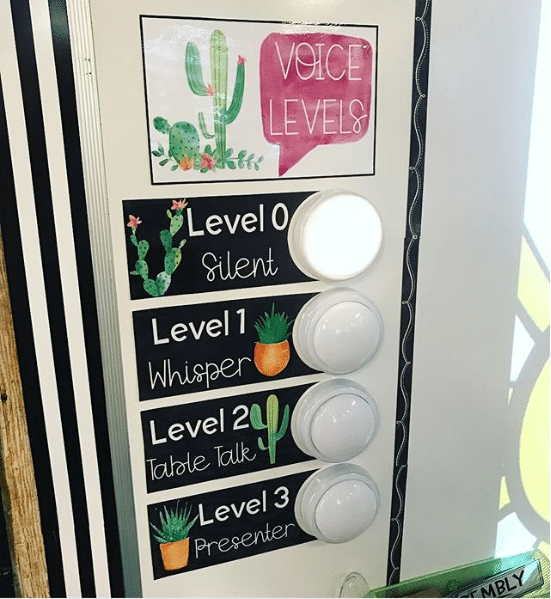 After you’ve discussed your expectations about voice levels for different activities—silent for choice reading, for example—use the lights to remind students which level they should be using at any given time.